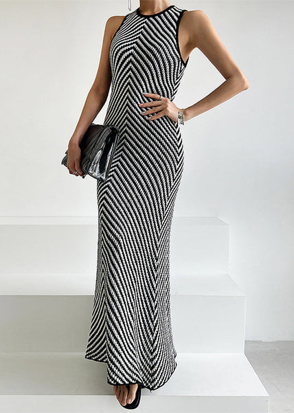 Robe moulante noire à rayures en maille, sans manches, longueur cheville, référence TZ024