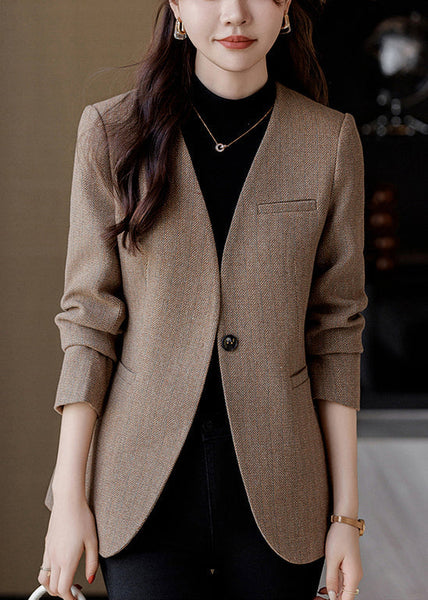 Silm Fit Brown V Neck Woolen Jacket Spring YJ015 ABC