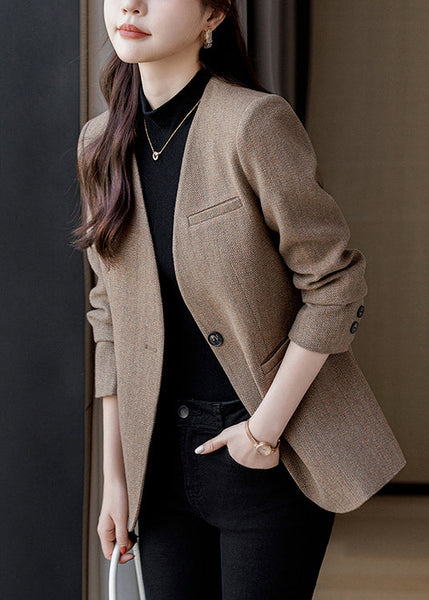 Silm Fit Brown V Neck Woolen Jacket Spring YJ015 ABC