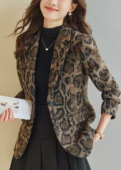 Silm Fit Coffee Leopard Print Woolen Coats Spring YJ057 ABC