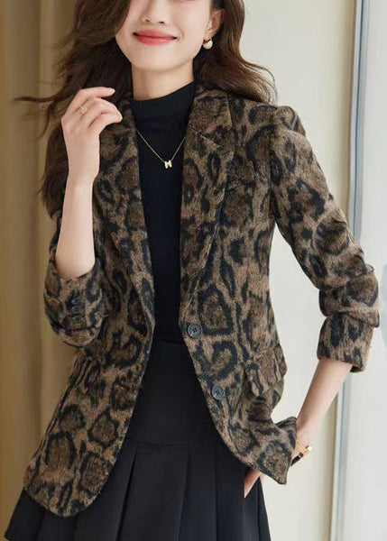 Silm Fit Coffee Leopard Print Woolen Coats Spring YJ057 ABC