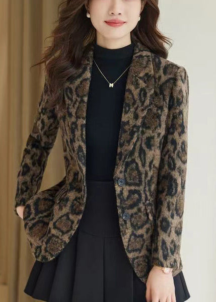 Silm Fit Coffee Leopard Print Woolen Coats Spring YJ057 ABC