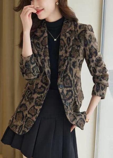 Silm Fit Coffee Leopard Print Woolen Coats Spring YJ057 ABC