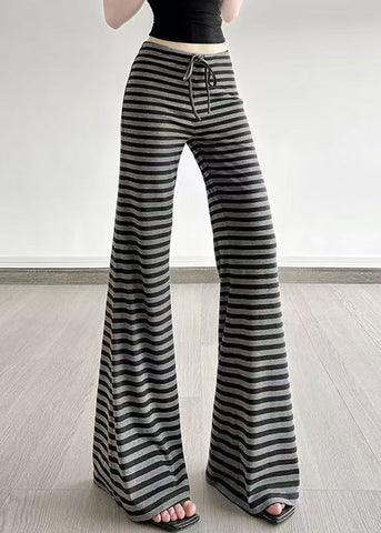 Striped Fall Cotton Silm Trousers Grey Fit Bell-bottom FashionChic