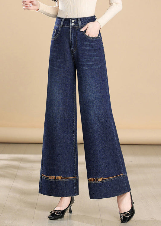 Embroidered Leg Pants Denim Fit Silm Wide Summer Navy FashionChic