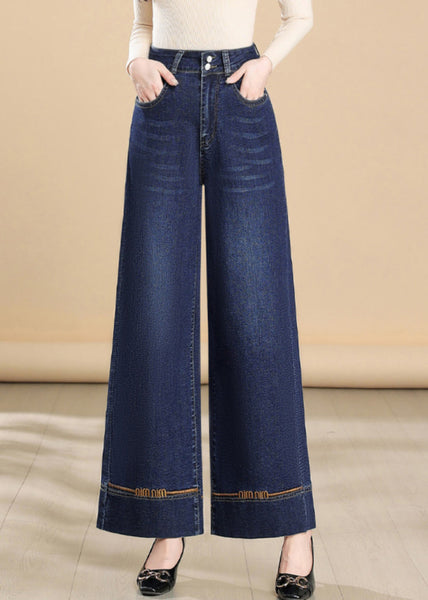 Embroidered Leg Pants Denim Fit Silm Wide Summer Navy FashionChic