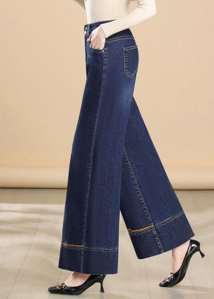 Embroidered Leg Pants Denim Fit Silm Wide Summer Navy FashionChic