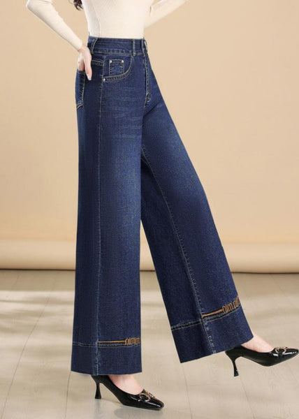 Embroidered Leg Pants Denim Fit Silm Wide Summer Navy FashionChic