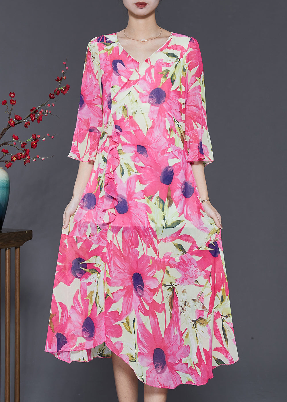 Silm Fit Pink V Neck Print Chiffon Long Dress Flare Sleeve SD1057 Ada Fashion