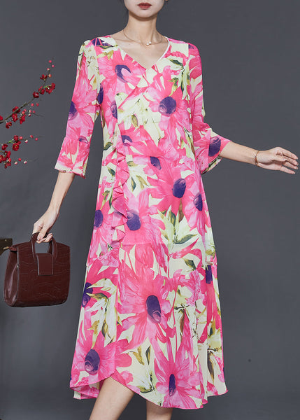 Silm Fit Pink V Neck Print Chiffon Long Dress Flare Sleeve SD1057 Ada Fashion