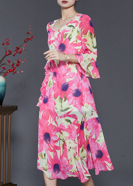 Silm Fit Pink V Neck Print Chiffon Long Dress Flare Sleeve SD1057 Ada Fashion