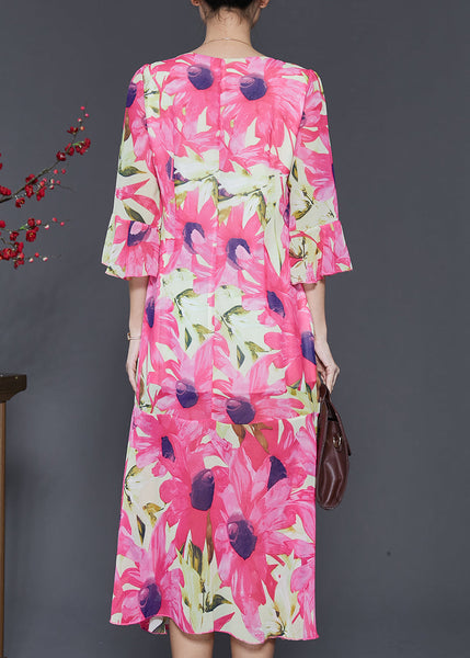 Silm Fit Pink V Neck Print Chiffon Long Dress Flare Sleeve SD1057 Ada Fashion