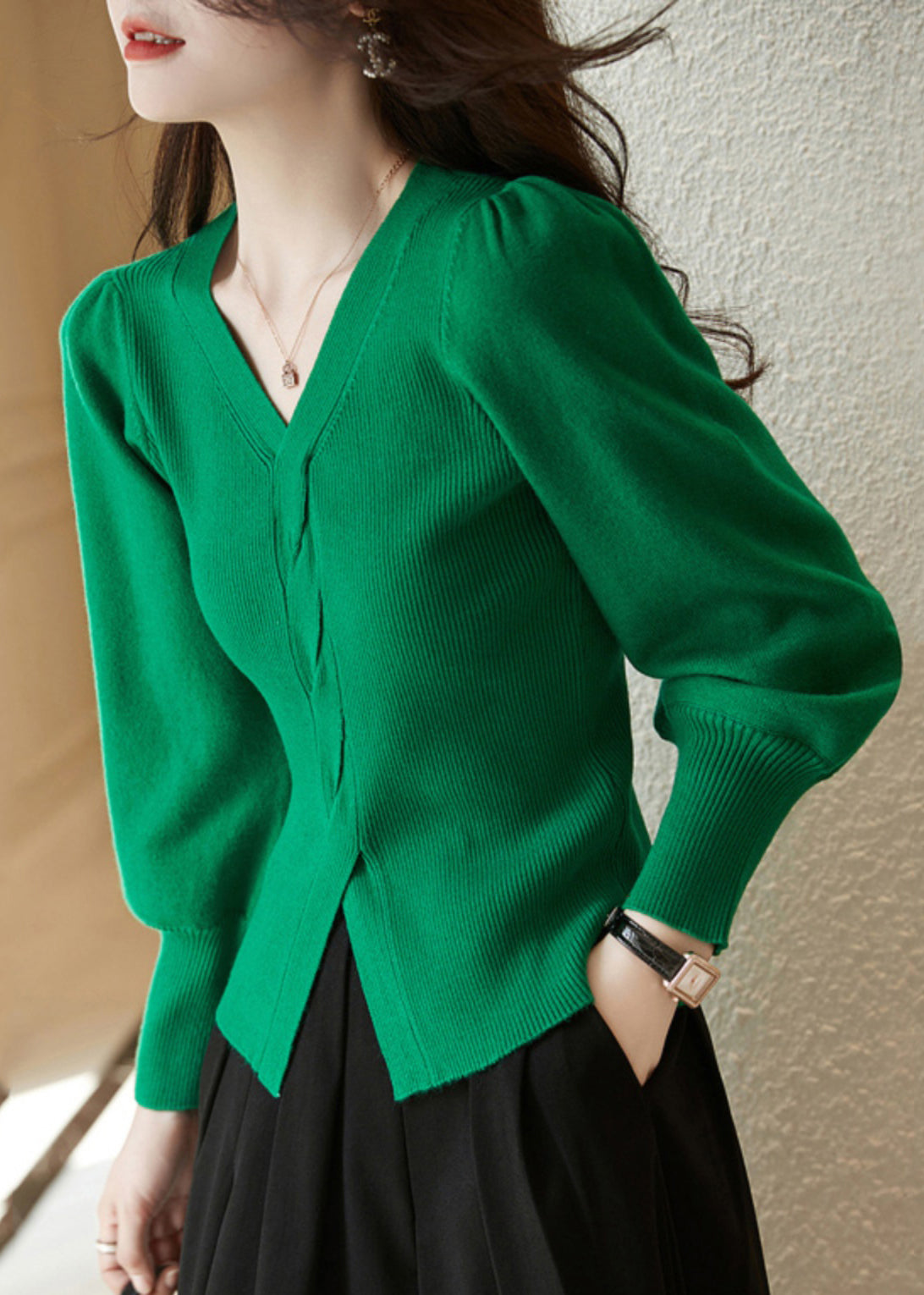 Silm Fit Red V Neck Side Open Knit Shirt Spring TN015 ABC