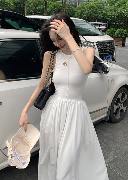 Silm Fit White Patchwork Cotton Holiday Dress Sleeveless TZ006