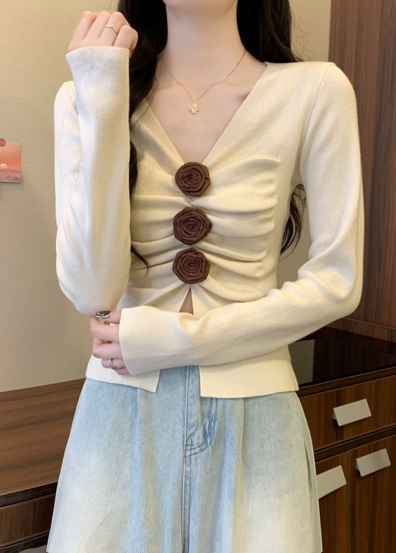 Silm Fit White V Neck Floral Knit Sweater Spring TM030 ABC