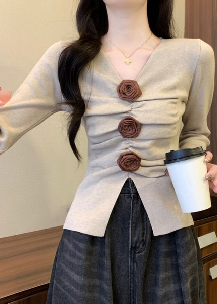 Silm Fit White V Neck Floral Knit Sweater Spring TM030 ABC