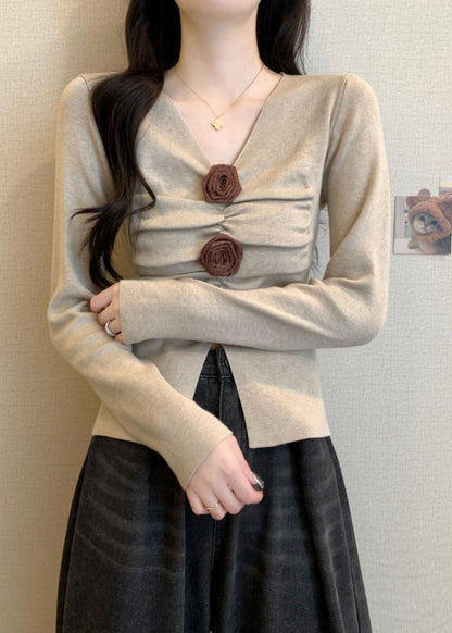 Silm Fit White V Neck Floral Knit Sweater Spring TM030 ABC