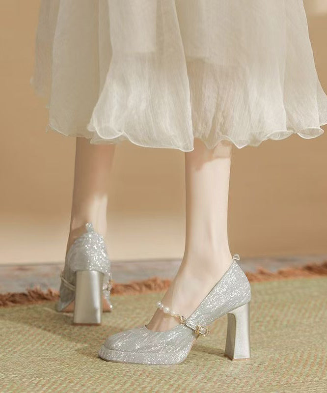 Silver Bead Buckle Strap Splicing Chunky Heel Square Toe TE018 ABC