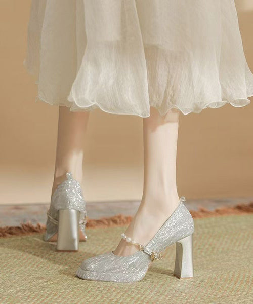 Silver Bead Buckle Strap Splicing Chunky Heel Square Toe TE018 ABC