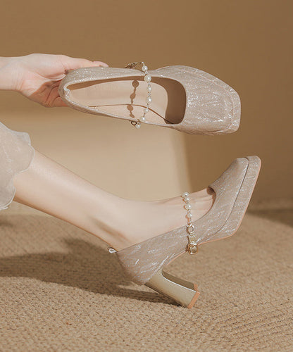 Silver Bead Buckle Strap Splicing Chunky Heel Square Toe TE018 ABC