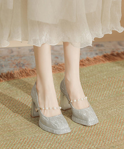 Silver Bead Buckle Strap Splicing Chunky Heel Square Toe TE018 ABC