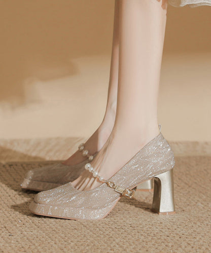 Silver Bead Buckle Strap Splicing Chunky Heel Square Toe TE018 ABC