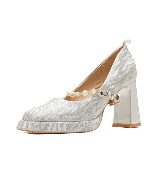 Silver Bead Buckle Strap Splicing Chunky Heel Square Toe TE018 ABC