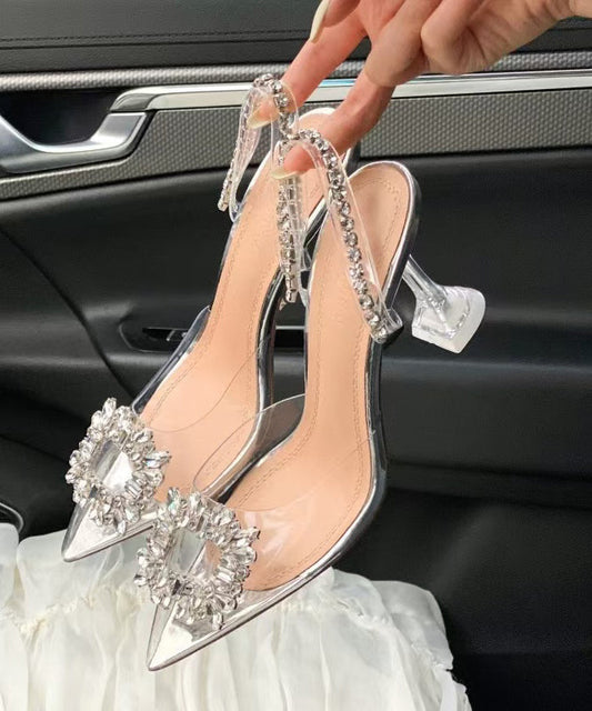 Toe Sandals Unique Heel Silver Pointed High Zircon Clear Splicing FashionChic