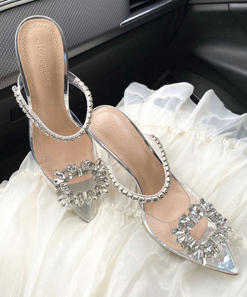 Toe Sandals Unique Heel Silver Pointed High Zircon Clear Splicing FashionChic