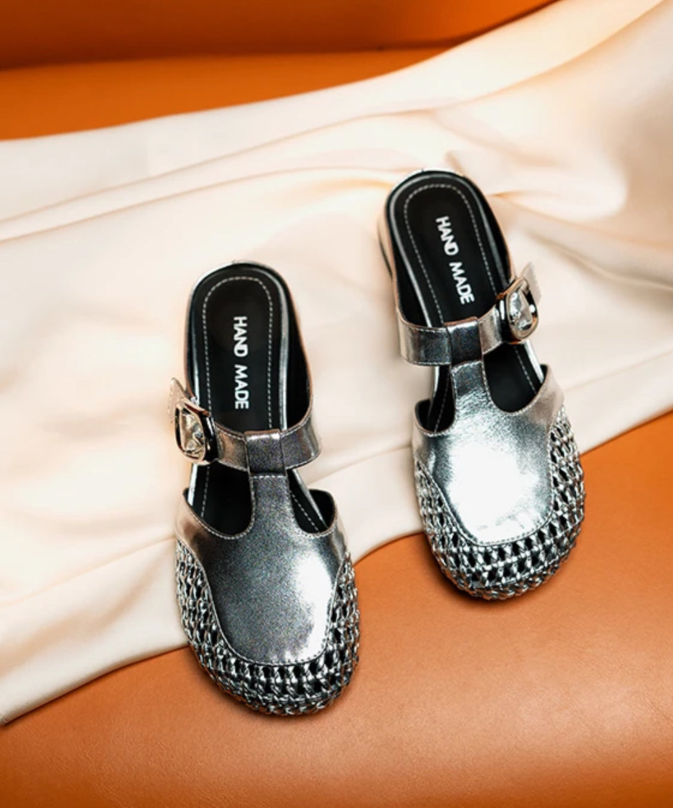 Cowhide Leather Splicing Fashion Slide Sandals Silver Out Hollow FashionChic