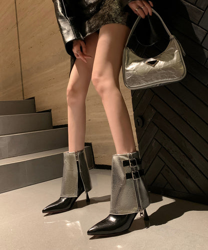 Silver Cowhide Leather Splicing Chic Zippered Stiletto Boots RS015 ABC