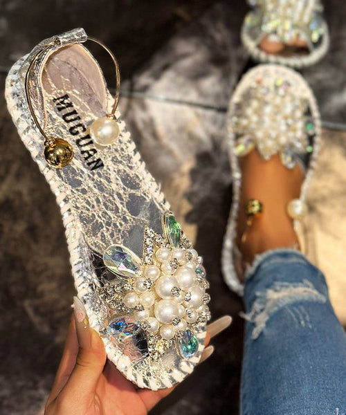 Faux Bead Stylish Hiking Splicing Nail Silver Leather Sandals FashionChic