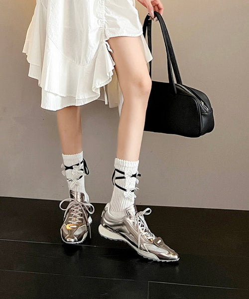 Silver Faux Leather Lace Up Splicing Fashion Sport Shoes Pointed Toe YC001 ABC