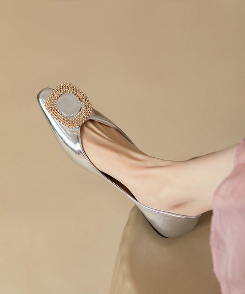 Silver Fitted Flat Faux Zircon Shoes Leather Splicing FashionChic