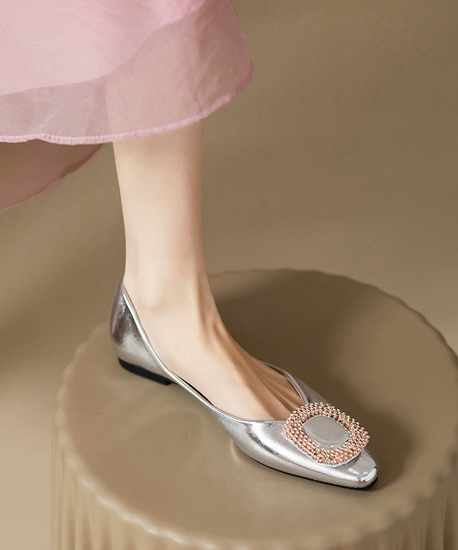 Silver Fitted Flat Faux Zircon Shoes Leather Splicing FashionChic