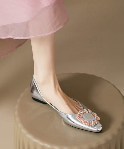 Silver Fitted Flat Faux Zircon Shoes Leather Splicing FashionChic