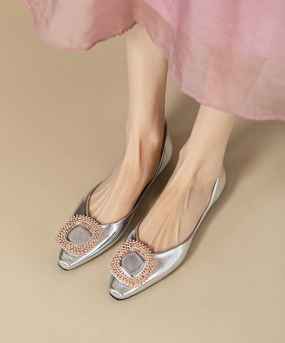 Silver Fitted Flat Faux Zircon Shoes Leather Splicing FashionChic