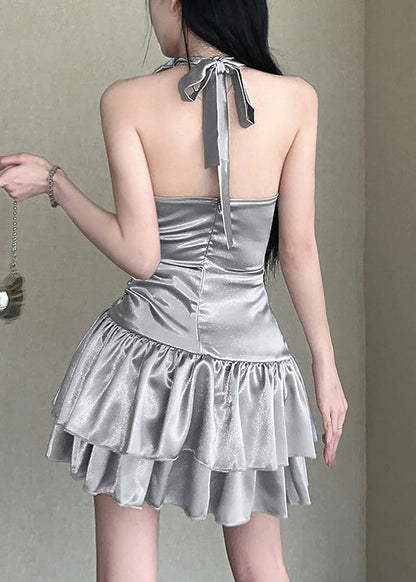 Silver Floral Dress High Waist Sleeveless Out Hollow FashionChic