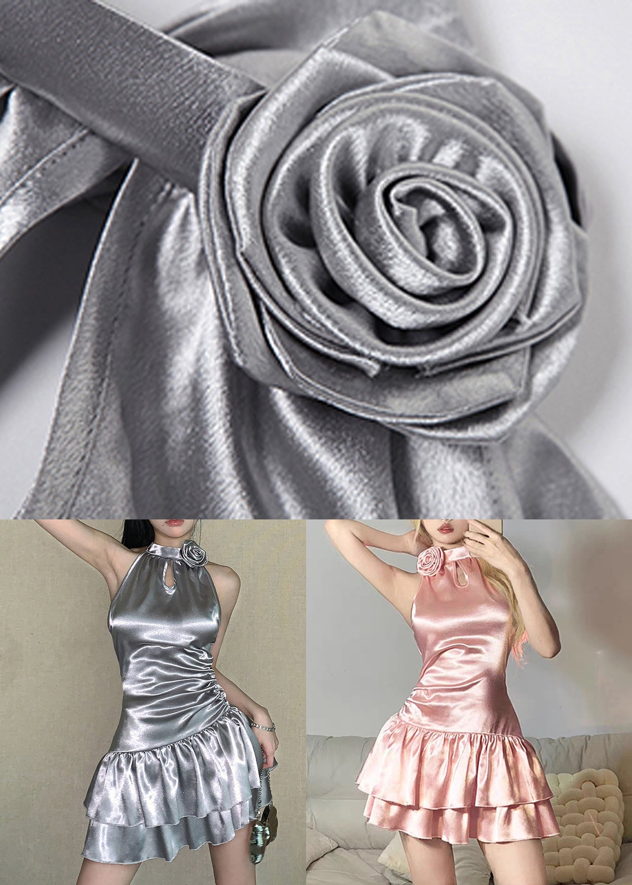 Silver Floral Dress High Waist Sleeveless Out Hollow FashionChic