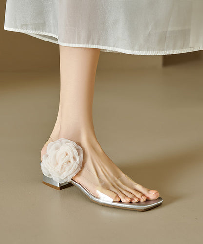 Silver Sandals Splicing Floral Peep Stylish Toe Chunky FashionChic