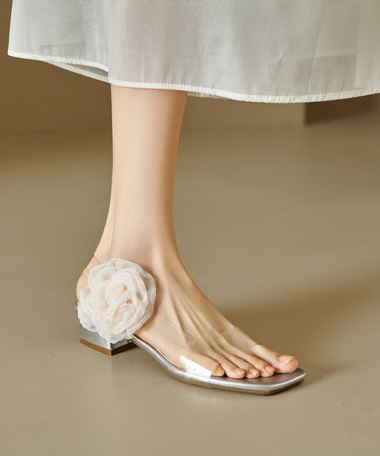 Silver Sandals Splicing Floral Peep Stylish Toe Chunky FashionChic