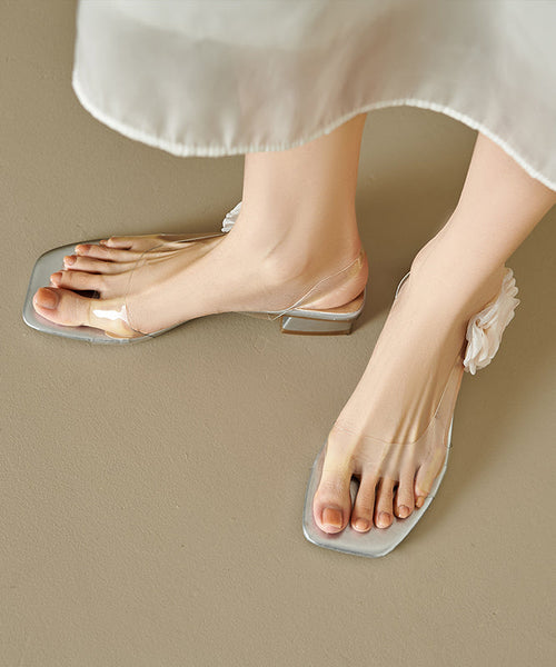 Silver Sandals Splicing Floral Peep Stylish Toe Chunky FashionChic