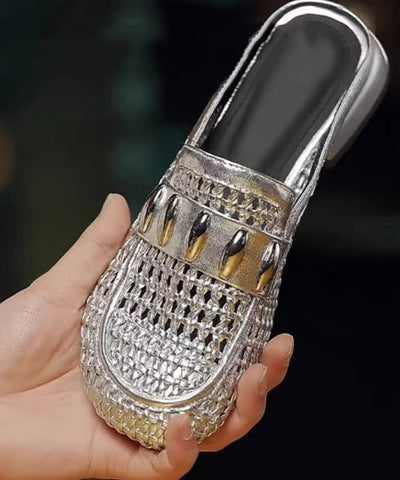 Splicing Faux Out Hollow Leather Slide Sandals Silver FashionChic