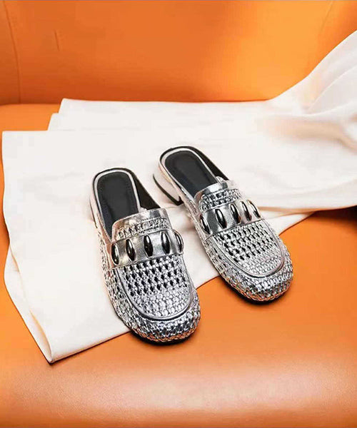 Splicing Faux Out Hollow Leather Slide Sandals Silver FashionChic