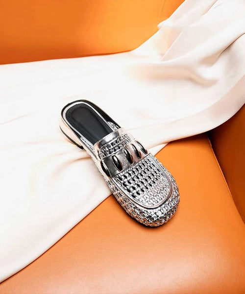 Splicing Faux Out Hollow Leather Slide Sandals Silver FashionChic