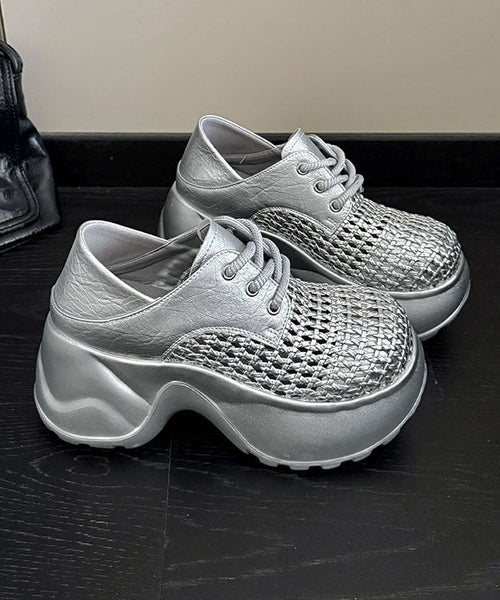 Up Out Silver Hollow Fashion Splicing Lace Platform Sandals FashionChic