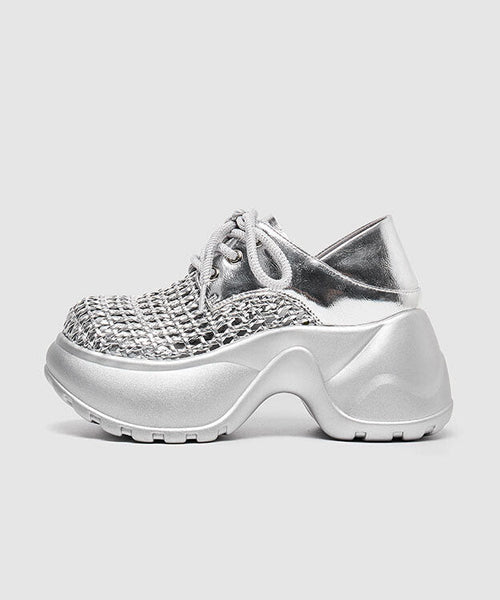 Up Out Silver Hollow Fashion Splicing Lace Platform Sandals FashionChic