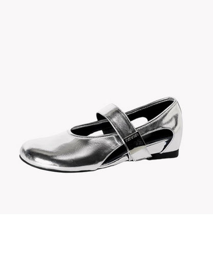 Cowhide Silver Shoes Splicing Buckle Wedge Retro Leather Strap FashionChic