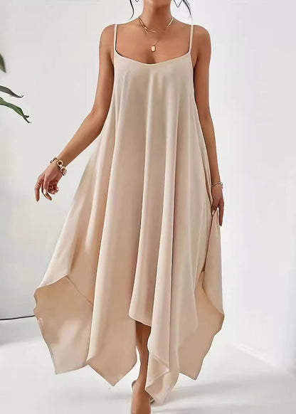 Solid Dress Simple Strap Cotton Asymmetrical Spaghetti Apricot FashionChic