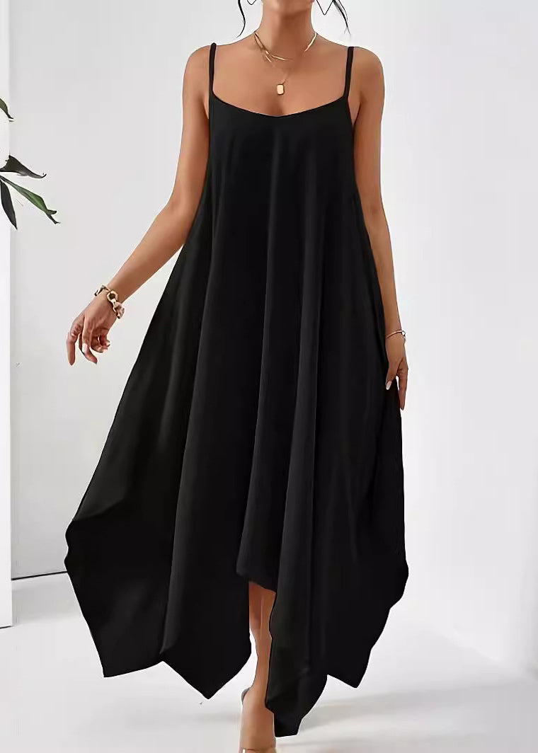 Simple Solid Cotton Dress Spaghetti Apricot Strap Asymmetrical FashionChic